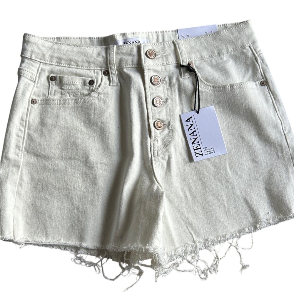 ZENANA White High Waisted Jean Shorts Exposed Button Fly NEW Size Medium